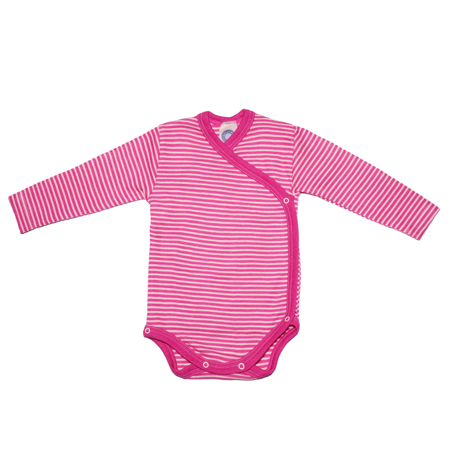 Baby-Wickelbody Langarm Wolle/Seide pink-geringelt
