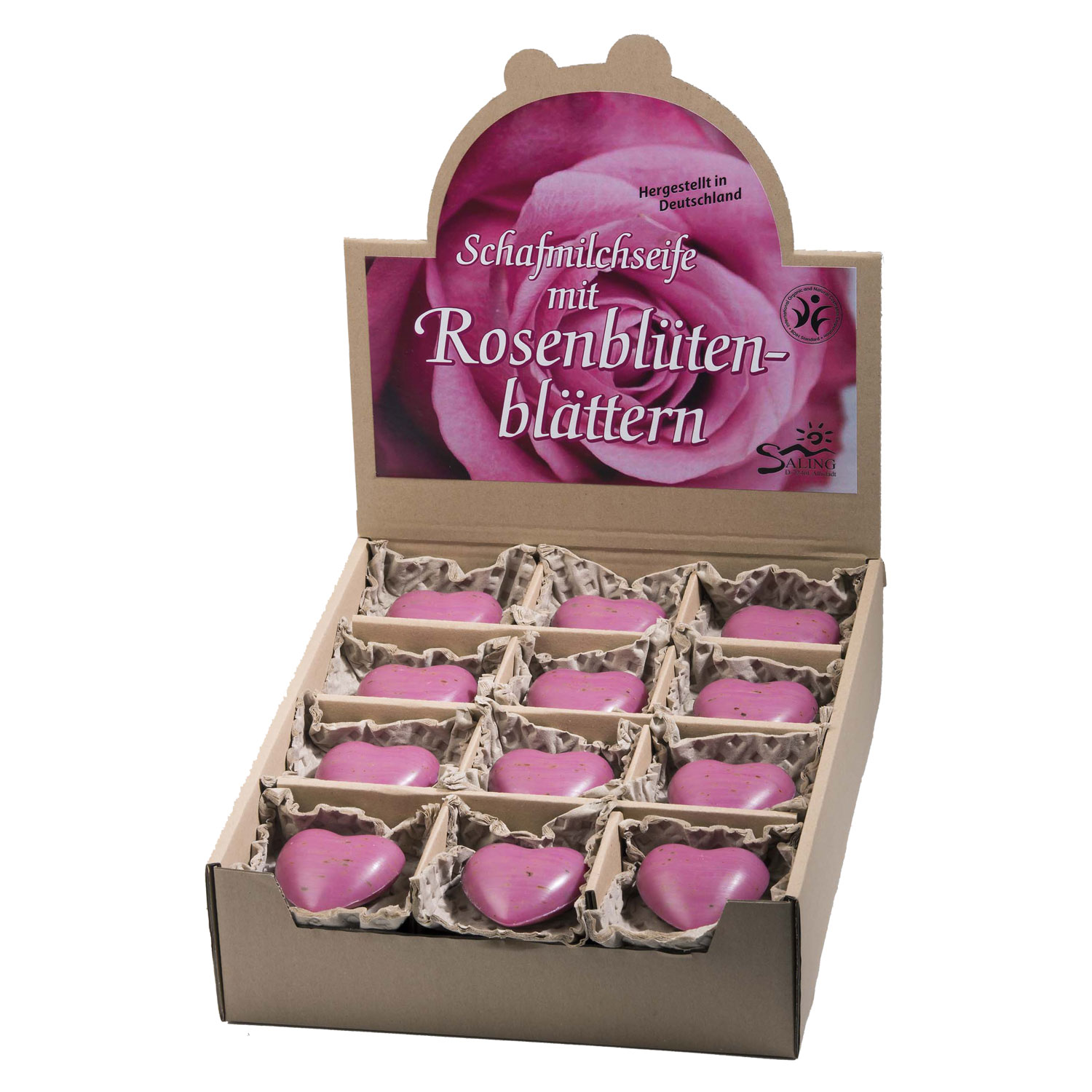 Schafmilchseife Herz mit Rosenblütenblättern pink, 65 g